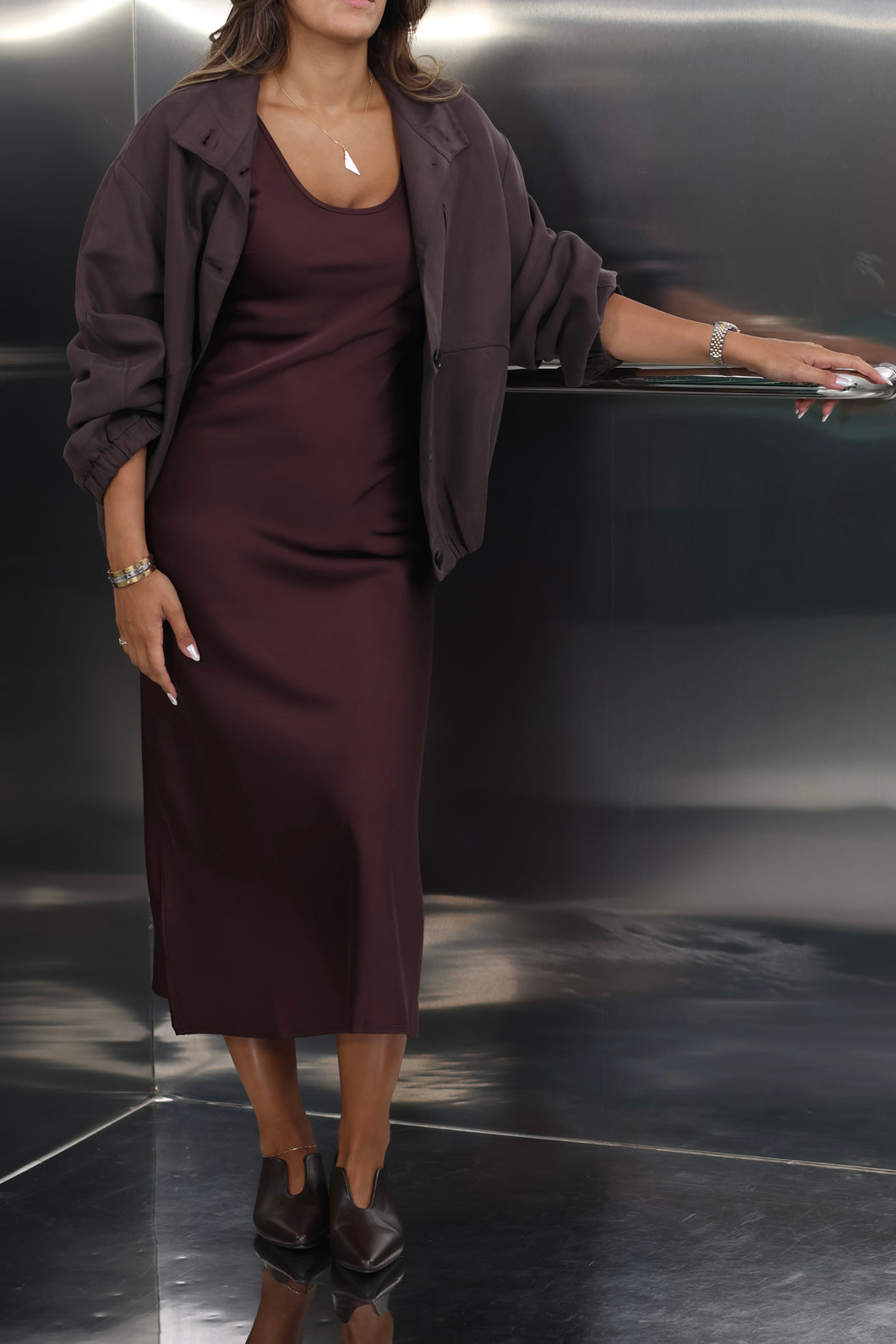 Silk dress with over sized bomber jacket
